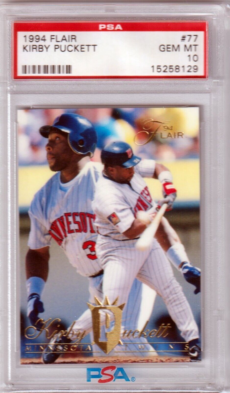 KIRBY PUCKETT 1994 Flair #77 PSA 10 GEM MINT - TWINS - Columbia Hobby - Sports Card Boxes - Toploaders - Card Savers