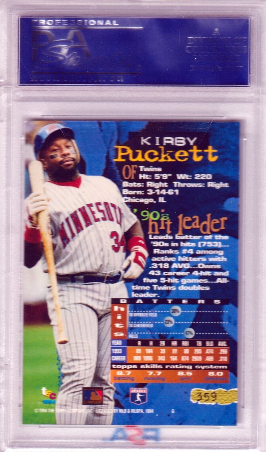 KIRBY PUCKETT 1994 Topps Stadium Club #359 PSA 10 GEM MINT - TWINS - Columbia Hobby - Sports Card Boxes - Toploaders - Card Savers