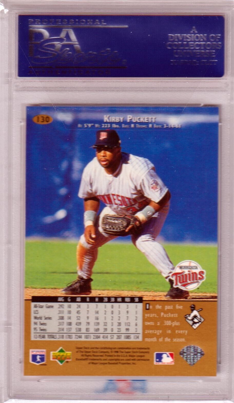 KIRBY PUCKETT 1996 Upper Deck #130 PSA 10 GEM MINT - TWINS - Columbia Hobby - Sports Card Boxes - Toploaders - Card Savers
