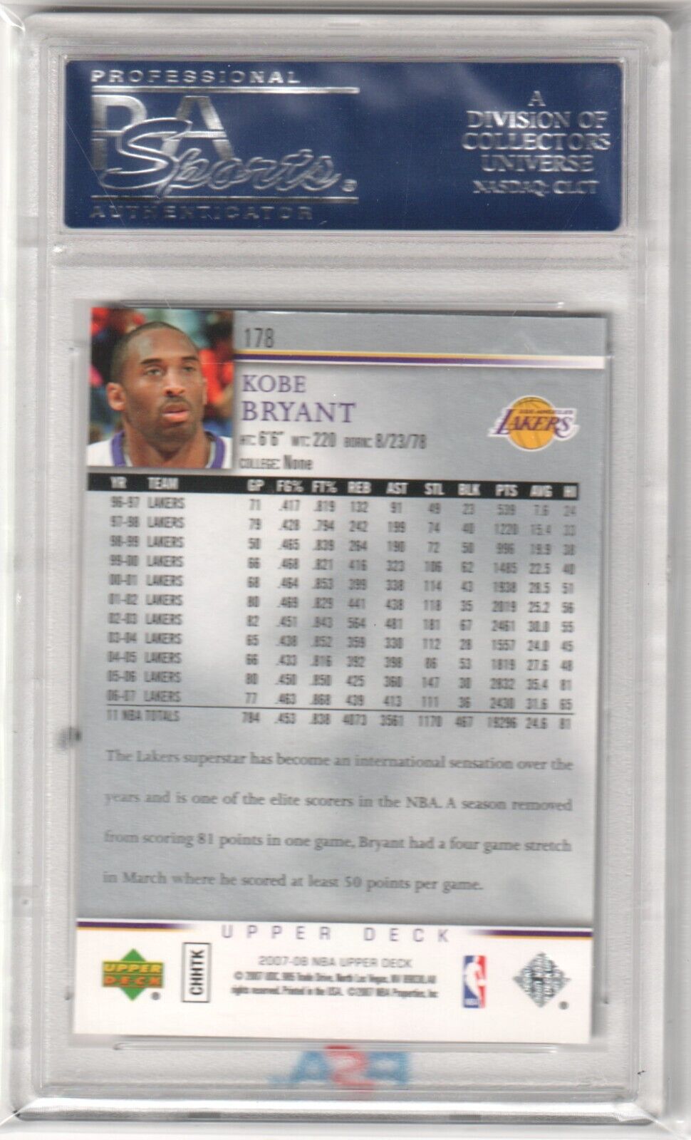 KOBE BRYANT 2007 - 08 Upper Deck #178 Graded PSA 10 GEM MINT - LAKERS - Columbia Hobby - Sports Card Boxes - Toploaders - Card Savers