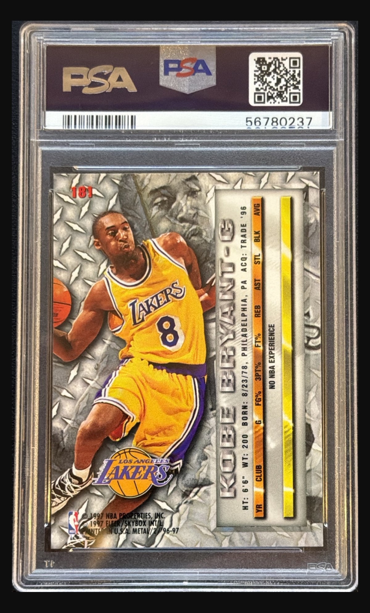 1996 Fleer Metal Kobe Bryant #181 graded PSA 6 trading card - back