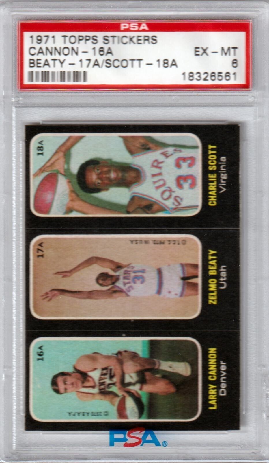 LARRY CANNON ZELMO BEATY CHARLIE SCOTT 1971 Topps Stickers PSA 6 EX - MT 16 - 17 - 18 - Columbia Hobby - Sports Card Boxes - Toploaders - Card Savers