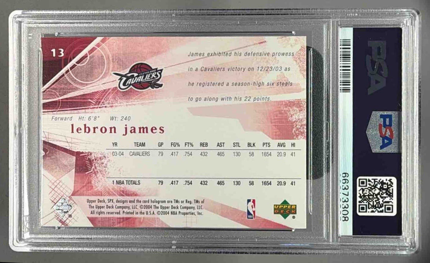 LEBRON JAMES 2004 UPPER DECK SPX PSA 9 MINT - CAVALIERS LAKERS - Columbia Hobby - Sports Card Boxes - Toploaders - Card Savers