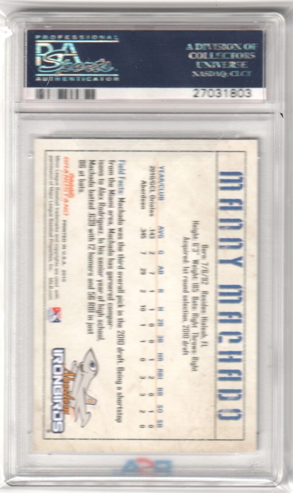 MANNY MACHADO 2010 Grandstand Aberdeen Ironbirds Minor League PSA 10 GEM MINT - Columbia Hobby - Sports Card Boxes - Toploaders - Card Savers