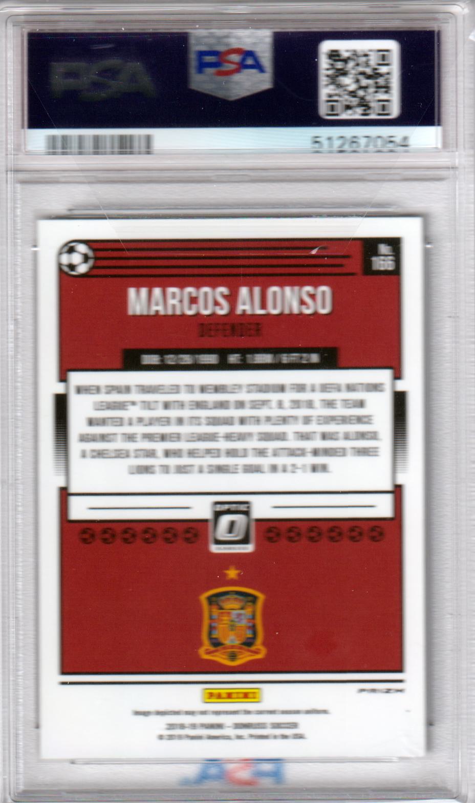 MARCOS ALONSO 2018 Panini Donruss Optic Holo #166 PSA 9 MINT - SPAIN POP 6 - Columbia Hobby - Sports Card Boxes - Toploaders - Card Savers