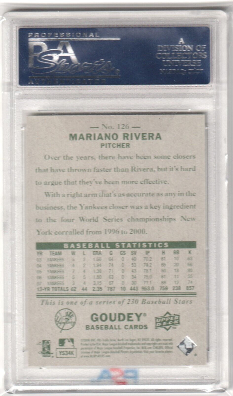 MARIANO RIVERA 2008 Upper Deck Goudey #126 PSA 10 GEM MINT - YANKEES - Columbia Hobby - Sports Card Boxes - Toploaders - Card Savers