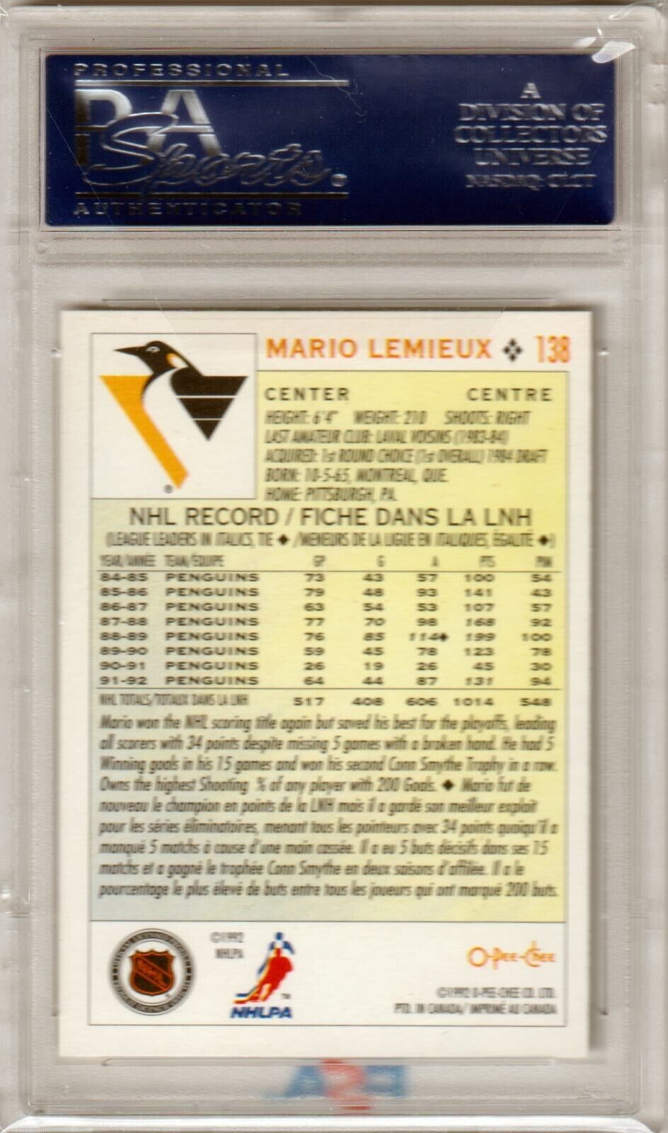 MARIO LEMIEUX 1992 O - PEE - CHEE RC Rookie #138 PSA 10 GEM MINT - PENGUINS - Columbia Hobby - Sports Card Boxes - Toploaders - Card Savers