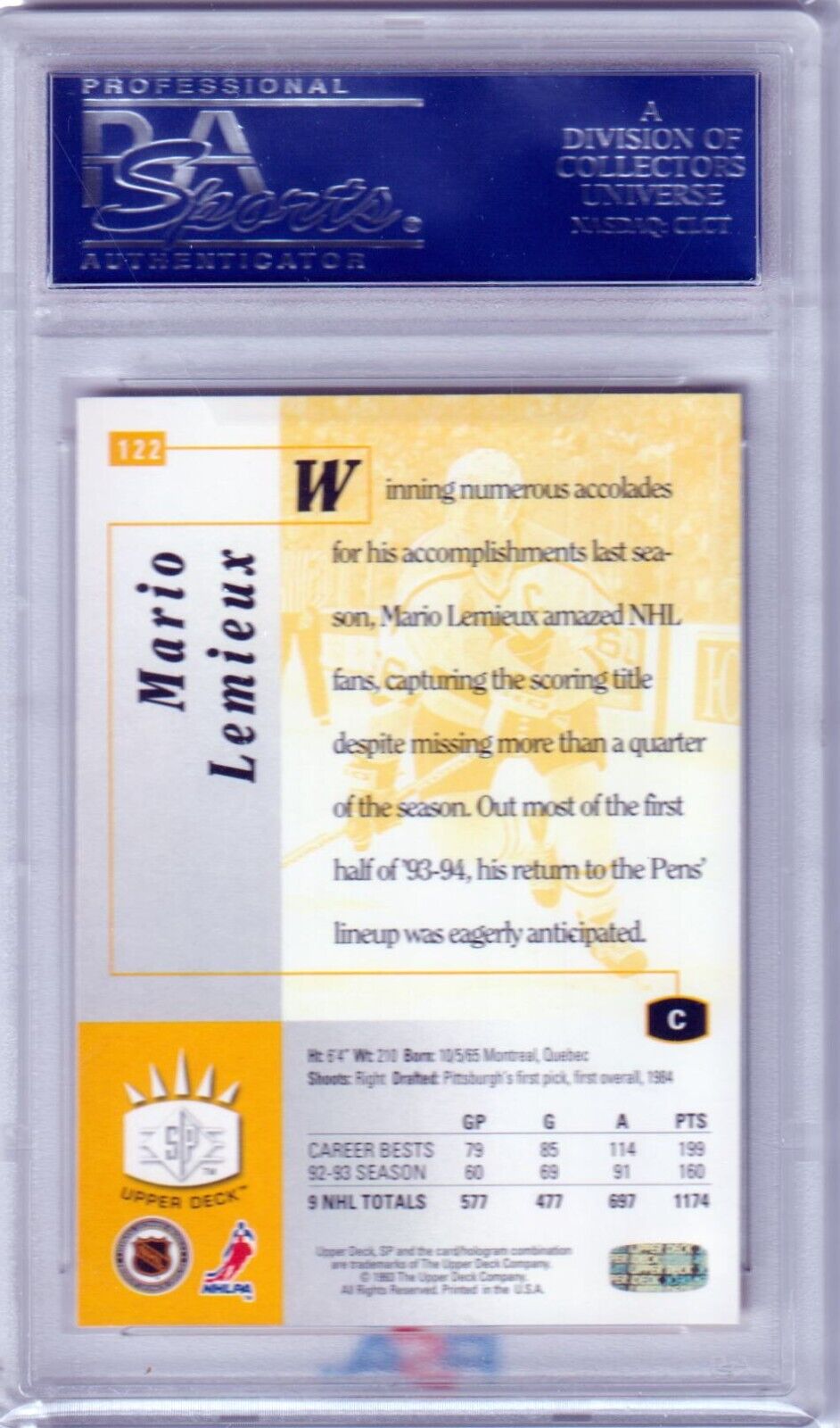 MARIO LEMIEUX 1993 Upper Deck SP #122 PSA 10 GEM MINT - PENGUINS - Columbia Hobby - Sports Card Boxes - Toploaders - Card Savers