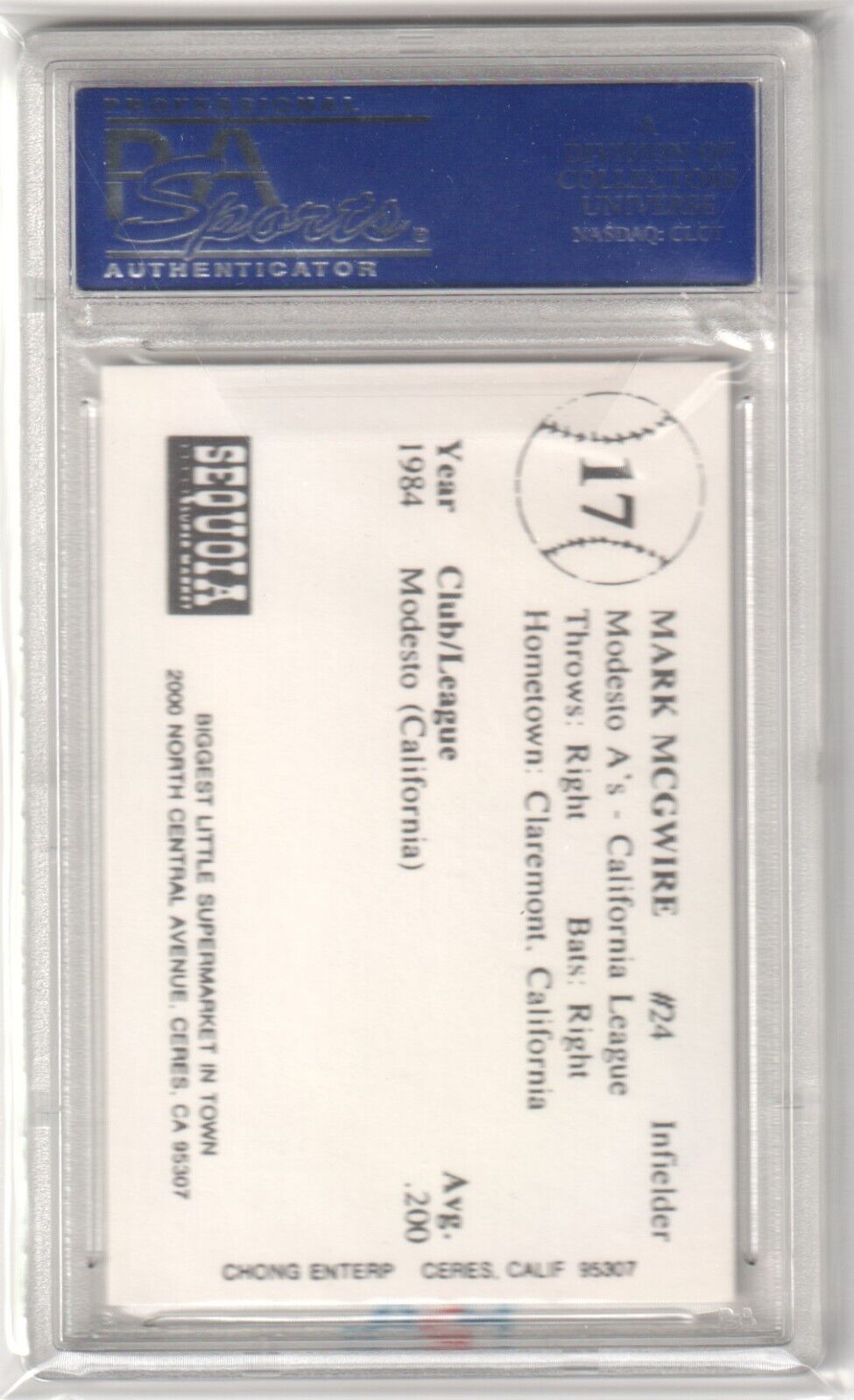 MARK McGWIRE 1985 Chong Modesto A's RC Rookie #17 PSA 10 GEM MINT - ATHLETICS - Columbia Hobby - Sports Card Boxes - Toploaders - Card Savers