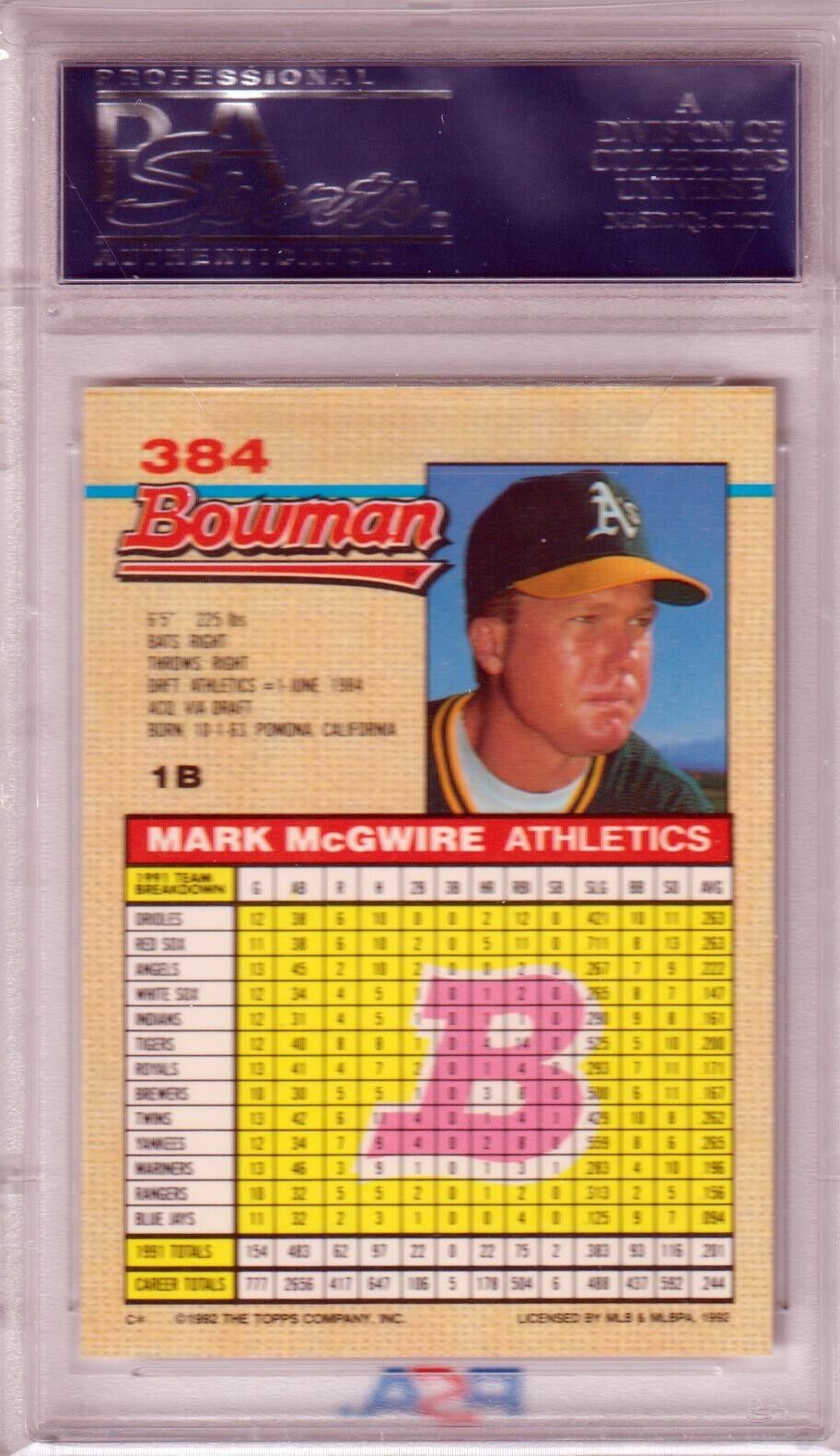 MARK McGWIRE 1992 Bowman #384 PSA 10 GEM MINT - ATHLETICS - Columbia Hobby - Sports Card Boxes - Toploaders - Card Savers