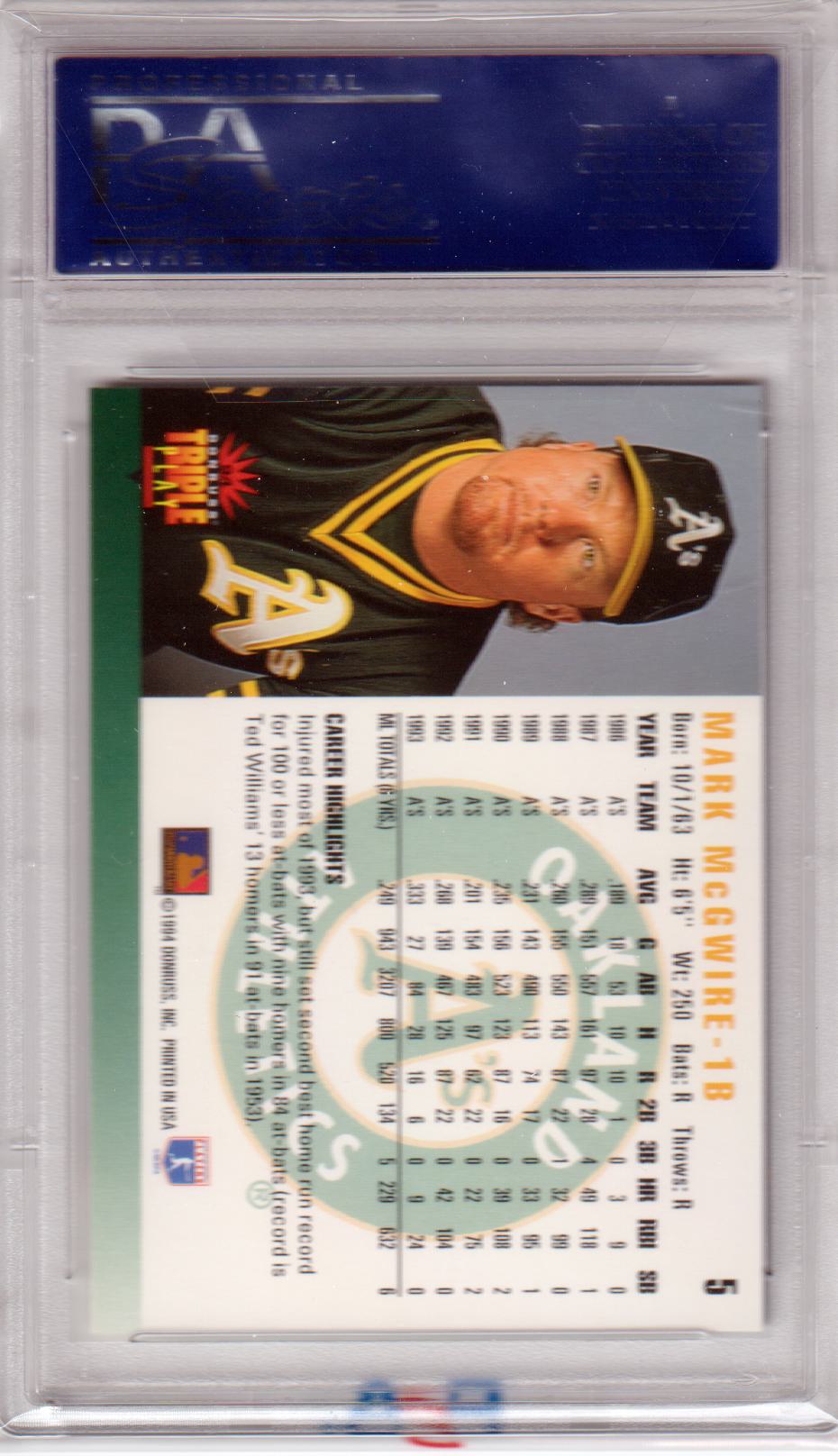 MARK McGWIRE 1994 Donruss Triple Play #5 PSA 10 - Columbia Hobby - Sports Card Boxes - Toploaders - Card Savers