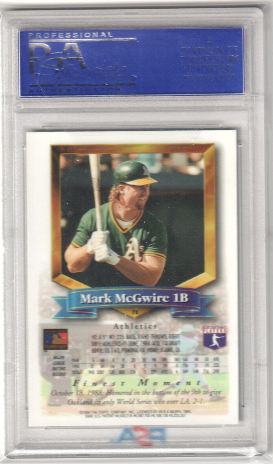 MARK McGWIRE 1994 Topps Finest #78 PSA 9 MINT - ATHLETICS - Columbia Hobby - Sports Card Boxes - Toploaders - Card Savers