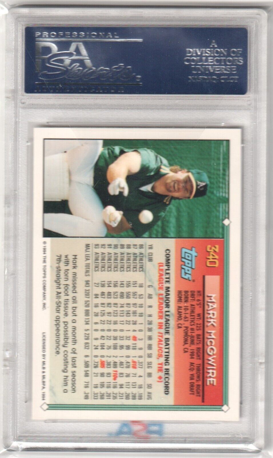 MARK McGWIRE 1994 Topps Gold #340 PSA 10 GEM MINT - ATHLETICS - Columbia Hobby - Sports Card Boxes - Toploaders - Card Savers