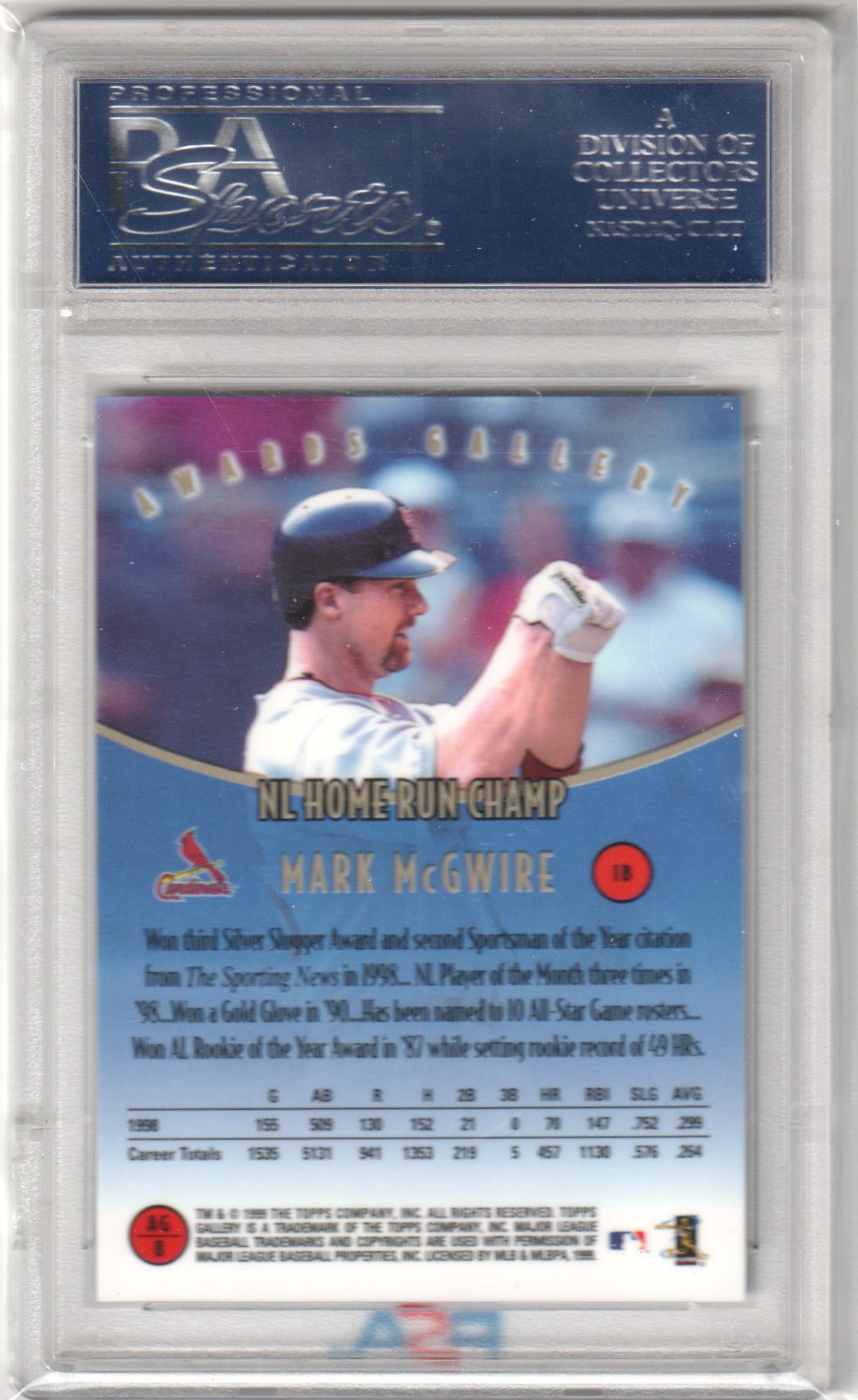 MARK McGWIRE 1999 Topps Gallery Awards Gallery PSA 10 GEM MINT CARDINALS Pop 5 - Columbia Hobby - Sports Card Boxes - Toploaders - Card Savers