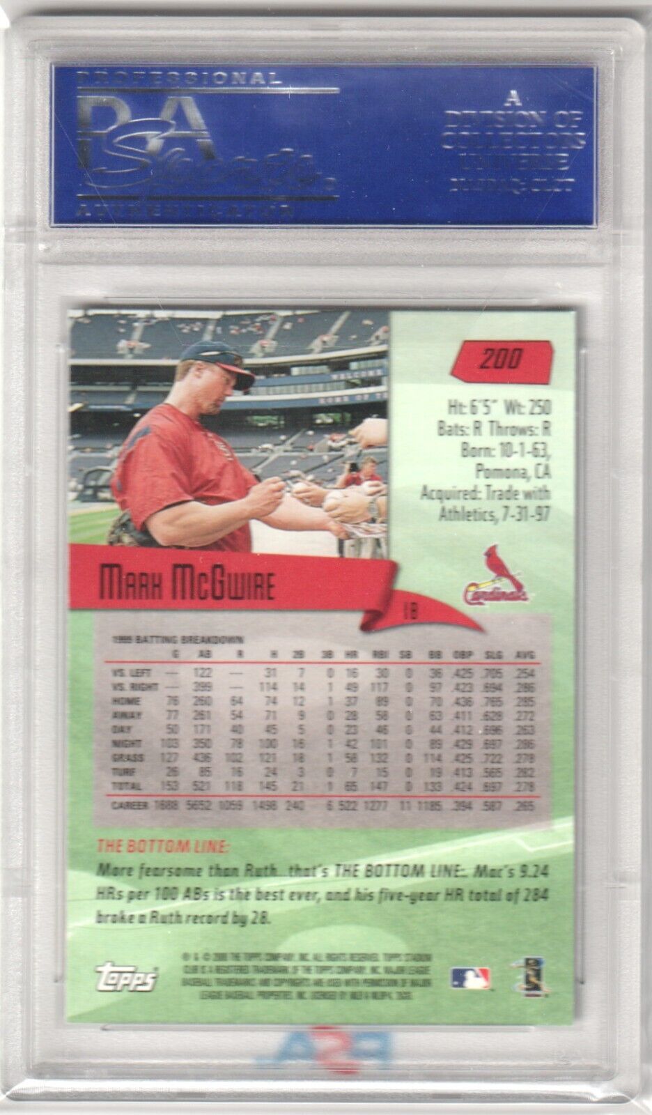 MARK McGWIRE 2000 Topps Stadium Clube #200 PSA 10 GEM MINT - CARDINALS - Columbia Hobby - Sports Card Boxes - Toploaders - Card Savers