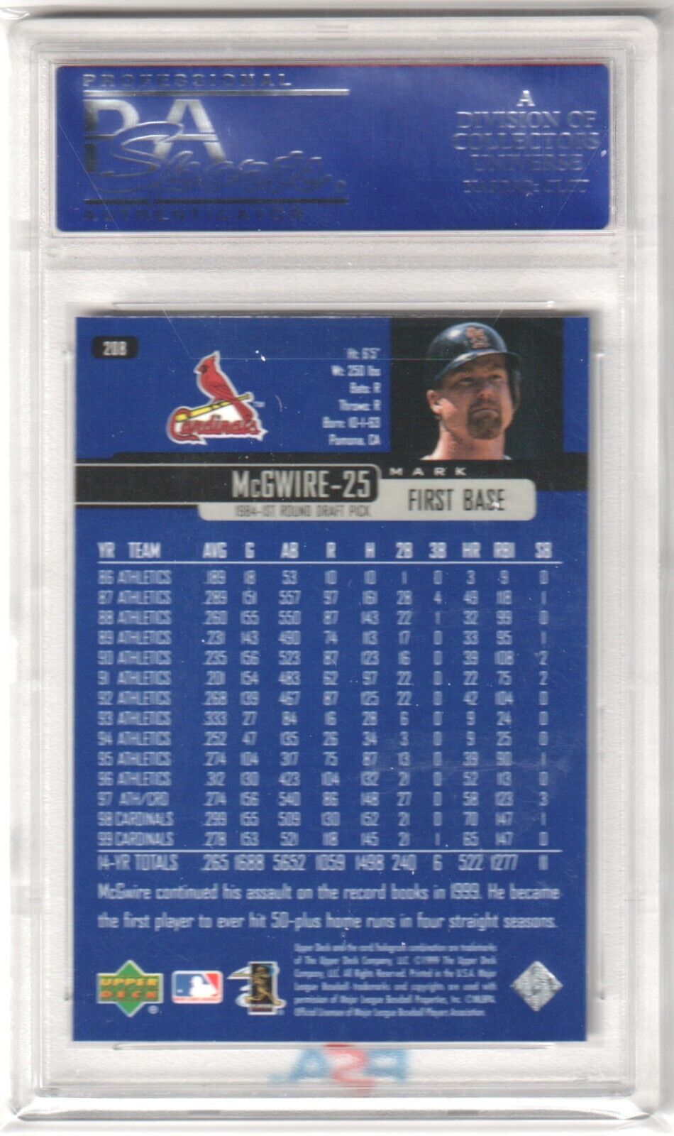 MARK McGWIRE 2000 Upper Deck #208 PSA 10 GEM MINT - CARDINALS - Columbia Hobby - Sports Card Boxes - Toploaders - Card Savers