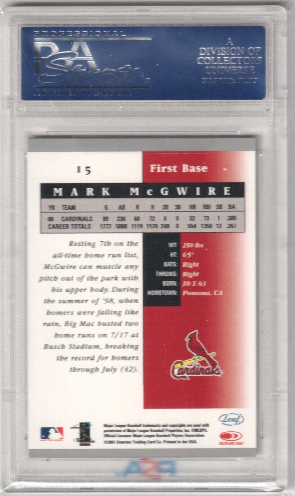 MARK McGWIRE 2001 Leaf Certified Materials #15 PSA 10 GEM MINT - CARDINALS - Columbia Hobby - Sports Card Boxes - Toploaders - Card Savers