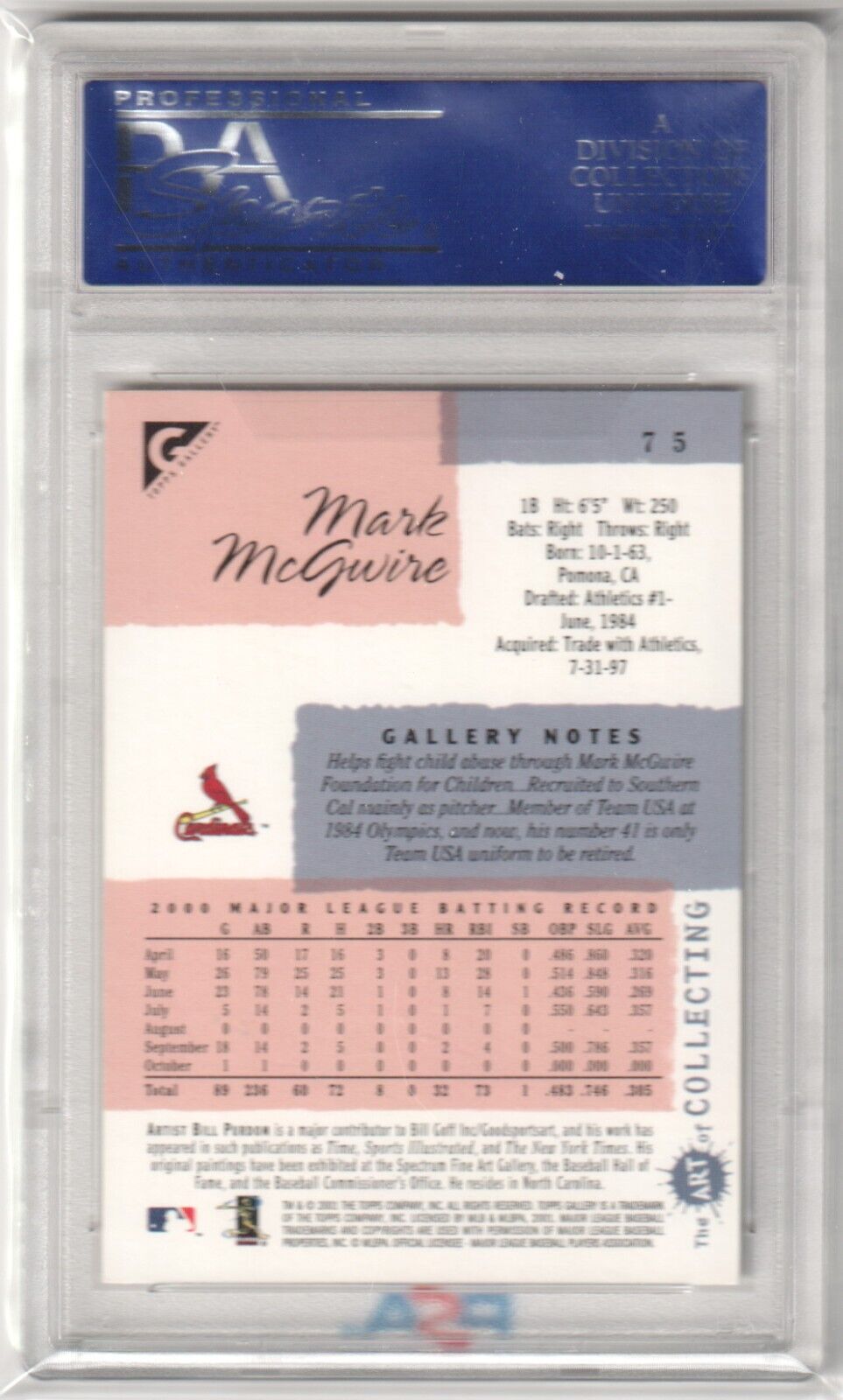 MARK McGWIRE 2001 Topps Gallery #75 PSA 10 GEM MINT - CARDINALS - Columbia Hobby - Sports Card Boxes - Toploaders - Card Savers