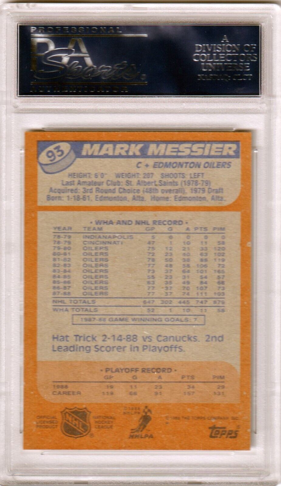 MARK MESSIER 1988 Topps #93 PSA 10 GEM MINT - OILERS - Columbia Hobby - Sports Card Boxes - Toploaders - Card Savers