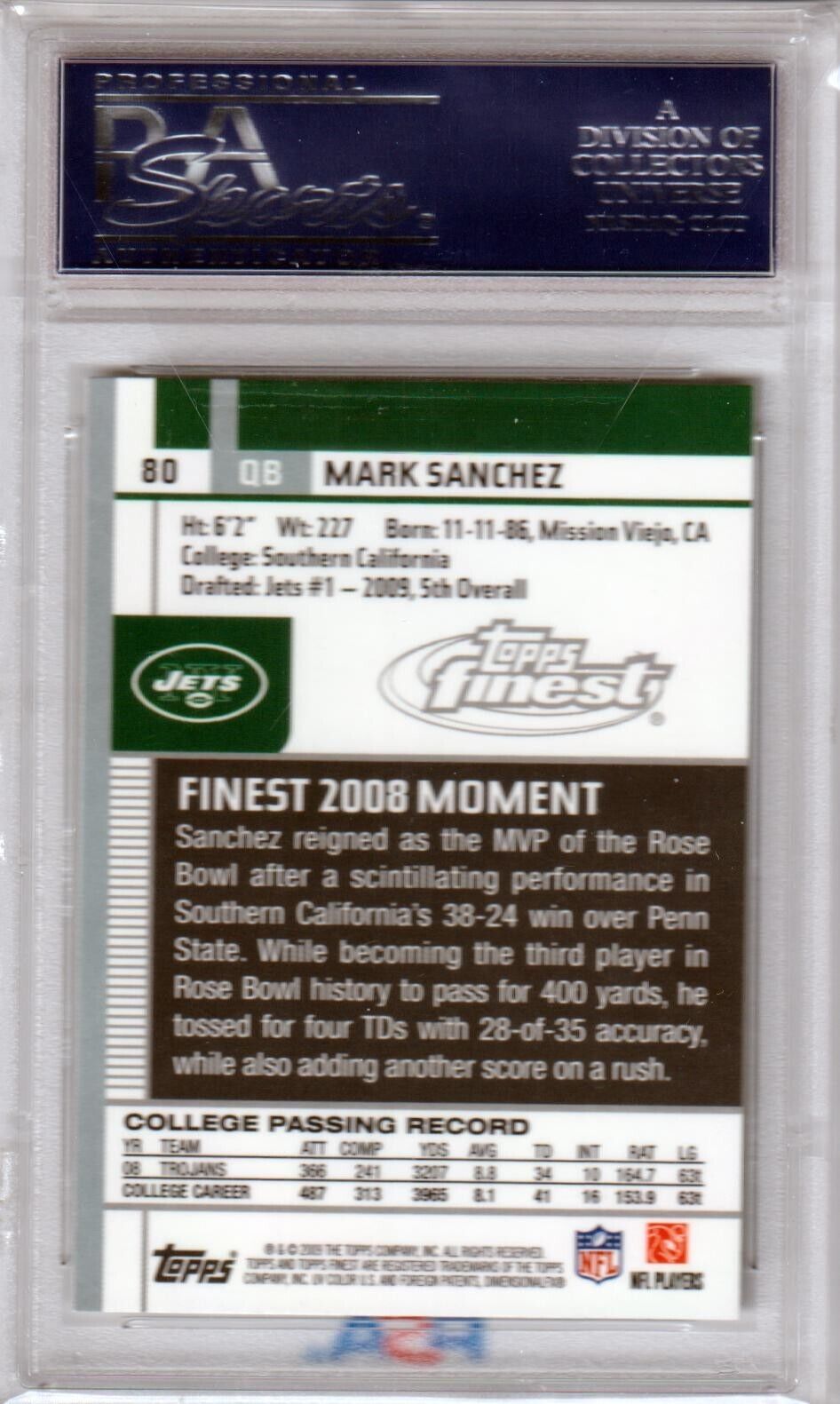 MARK SANCHEZ 2009 Topps Finest RC Rookie #80 PSA 10 GEM MINT - JETS - Columbia Hobby - Sports Card Boxes - Toploaders - Card Savers