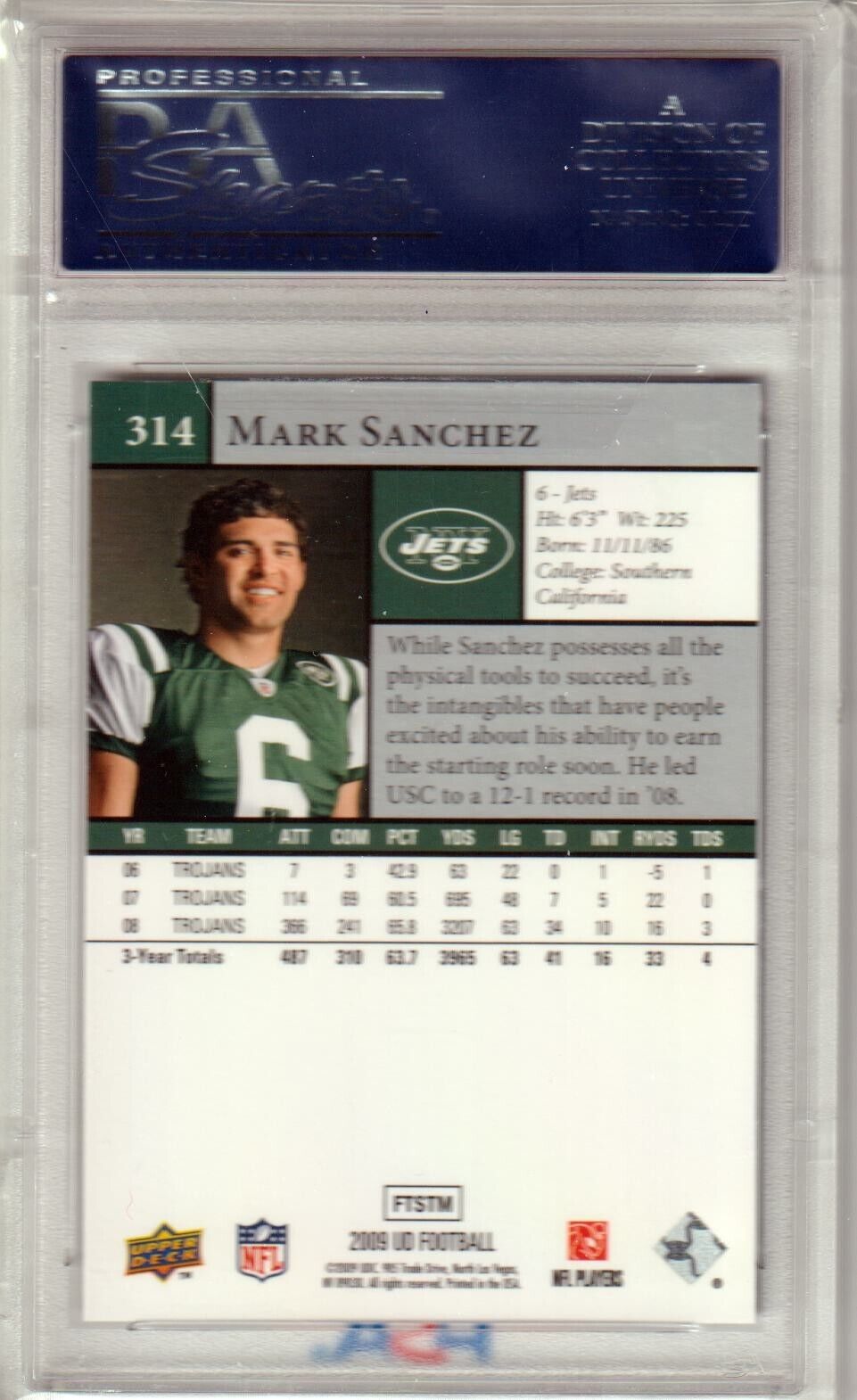 MARK SANCHEZ 2009 Upper Deck Rookie RC #314 PSA 10 GEM MINT - JETS - Columbia Hobby - Sports Card Boxes - Toploaders - Card Savers
