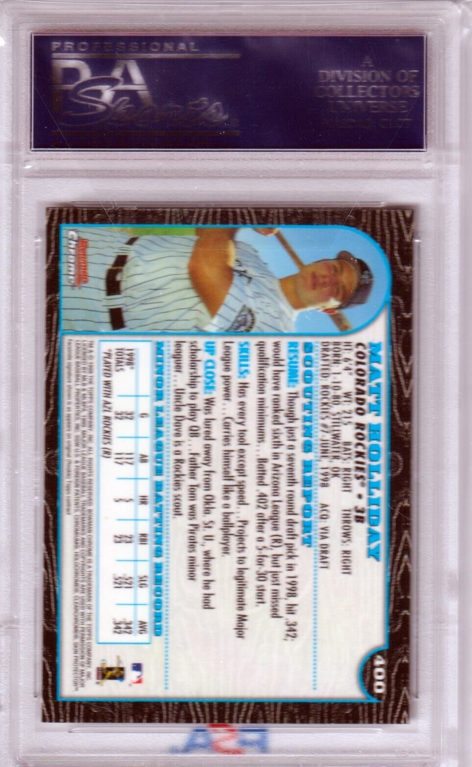 MATT HOLLIDAY 1999 Bowman Chrome RC Rooki #400 PSA 10 GEM MINT - CARDINALS - Columbia Hobby - Sports Card Boxes - Toploaders - Card Savers