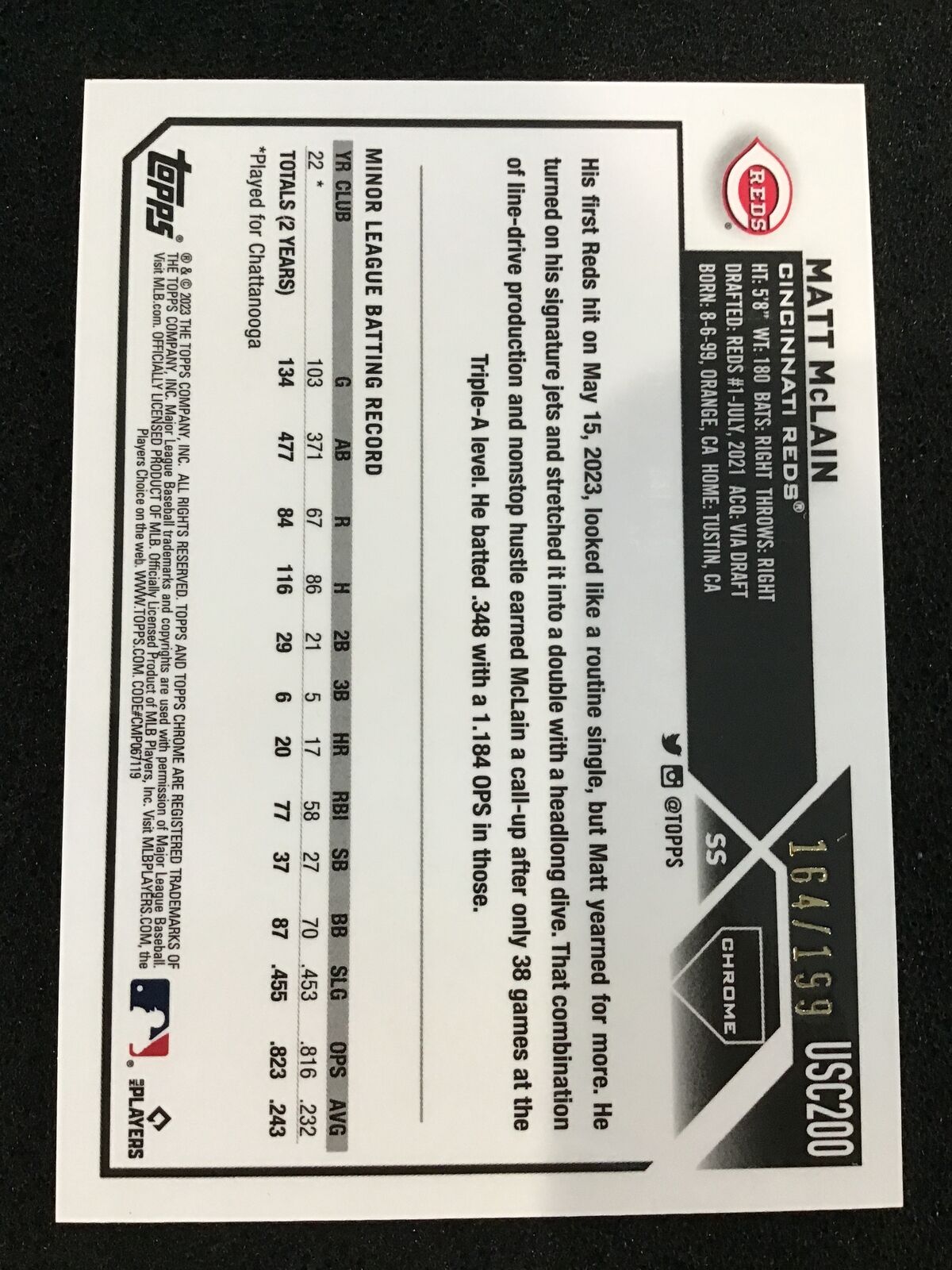 Matt McLain 2023 Topps Chrome Update USC200 Aqua RC /199 Rookie Reds - Columbia Hobby - Sports Card Boxes - Toploaders - Card Savers