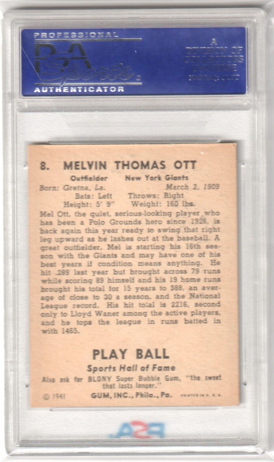 MEL OTT 1941 Play Ball #8 PSA 4 VG - EX - GIANTS - Columbia Hobby - Sports Card Boxes - Toploaders - Card Savers