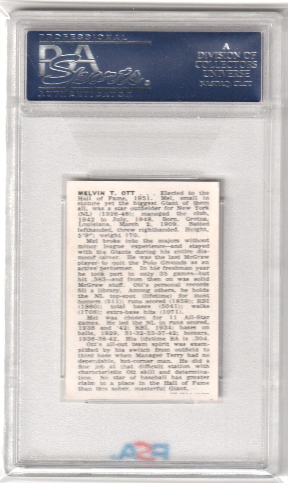 MEL OTT 1950 Callahan Hall of Fame HOF PSA 7 NM - GIANTS - Columbia Hobby - Sports Card Boxes - Toploaders - Card Savers