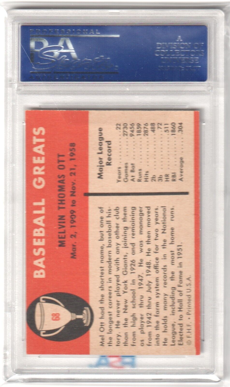 MEL OTT 1961 Fleer Baseball Greats #68 PSA 8 NM - MT - GIANTS - Columbia Hobby - Sports Card Boxes - Toploaders - Card Savers