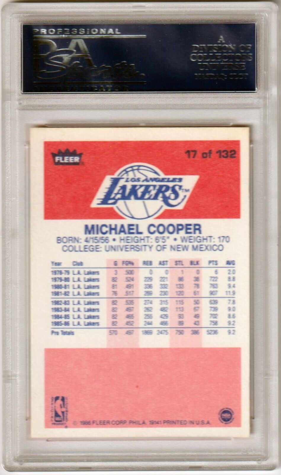MICHAEL COOPER 1986 - 87 Fleer #17 PSA 9 MINT - LAKERS - Columbia Hobby - Sports Card Boxes - Toploaders - Card Savers