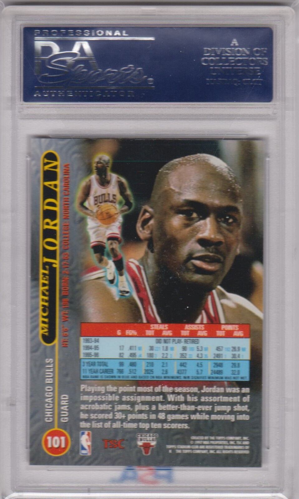 MICHAEL JORDAN 1996 - 97 Topps Stadium Club #101 PSA 10 GEM MINT - BULLS - Columbia Hobby - Sports Card Boxes - Toploaders - Card Savers