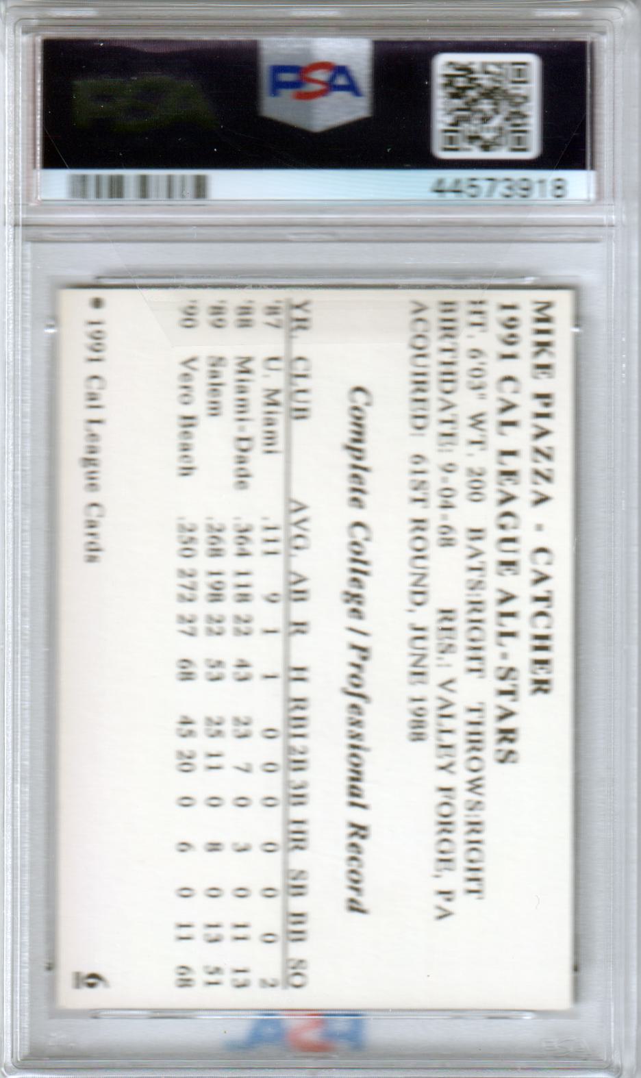 MIKE PIAZZA 1991 Cal League All - Stars RC ROOKIE #6 All Stars PSA 7 NM - DODGERS - Columbia Hobby - Sports Card Boxes - Toploaders - Card Savers