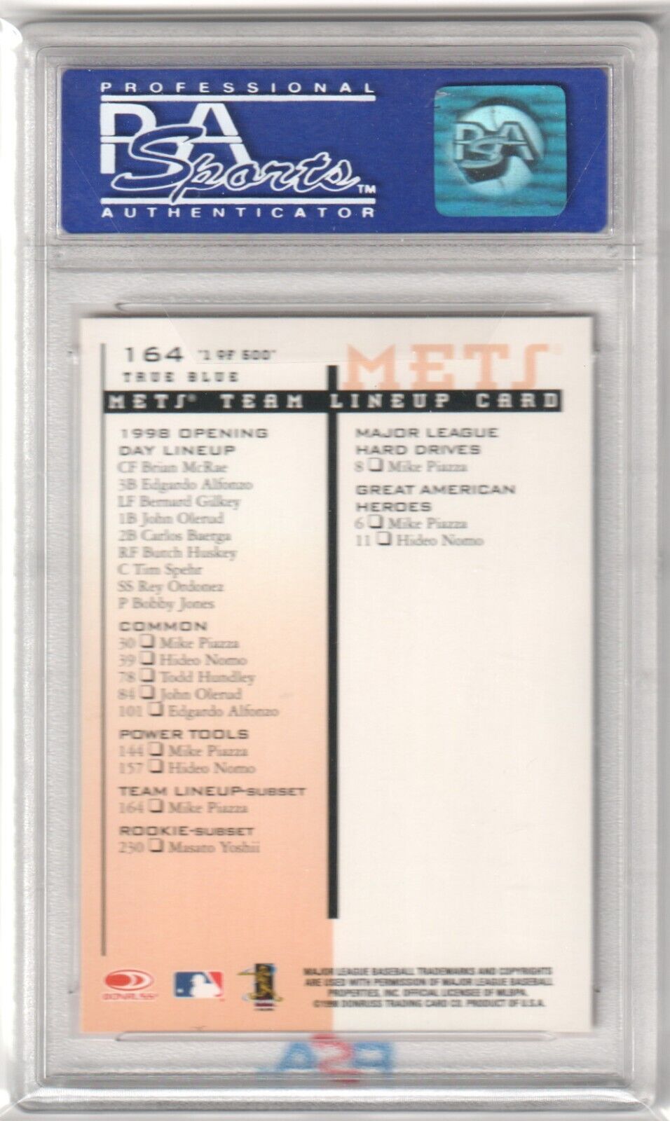 MIKE PIAZZA 1998 Leaf Rookies & Stars True Blue #164 PSA 8 NM - MT - METS - Columbia Hobby - Sports Card Boxes - Toploaders - Card Savers