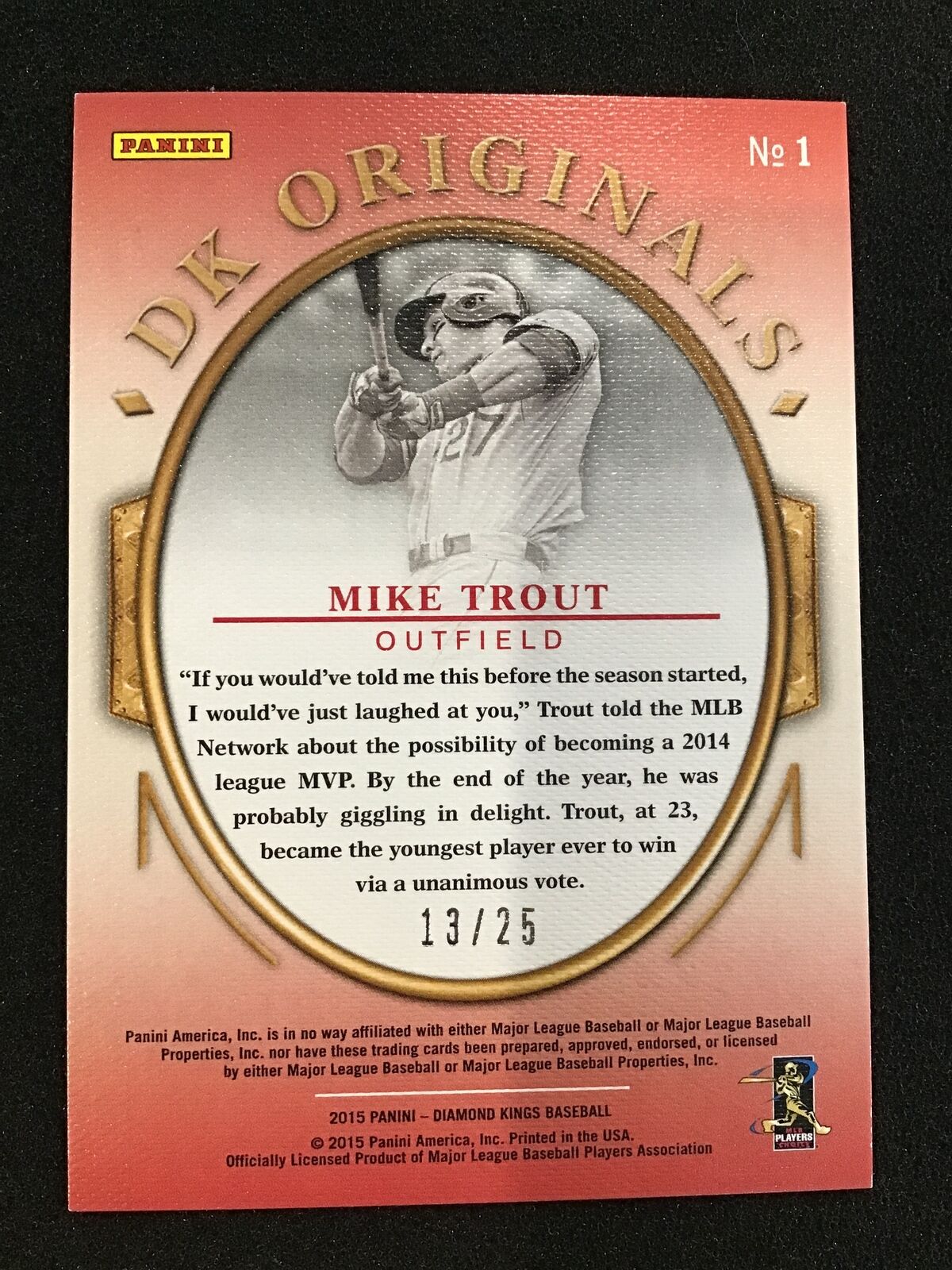 Mike Trout 2015 Panini Diamond Kings 1 DK Originals /25 SSP Los Angeles Angels - Columbia Hobby - Sports Card Boxes - Toploaders - Card Savers