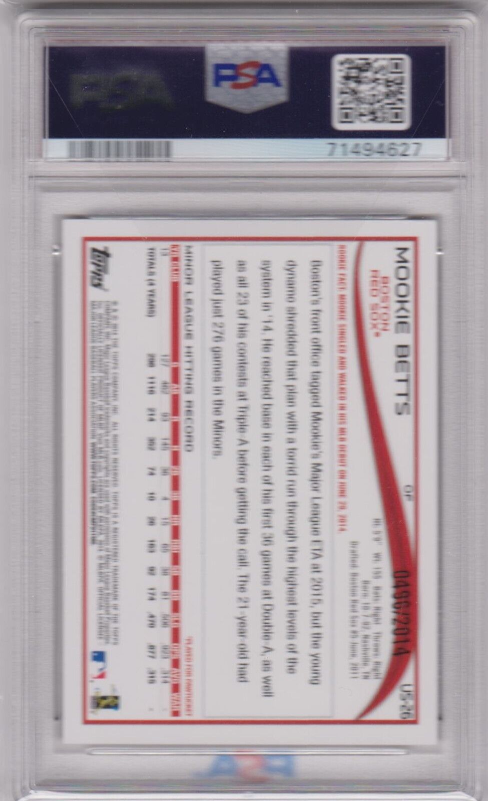 MOOKIE BETTS 2014 Topps Update Batting Gold RC Rookie #/2014 PSA 9 MINT DODGERS - Columbia Hobby - Sports Card Boxes - Toploaders - Card Savers