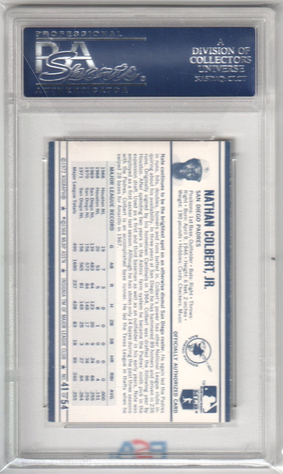NATHAN NATE COLBERT 1972 Kellogg's #41 PSA 9 MINT - PADRES - Columbia Hobby - Sports Card Boxes - Toploaders - Card Savers