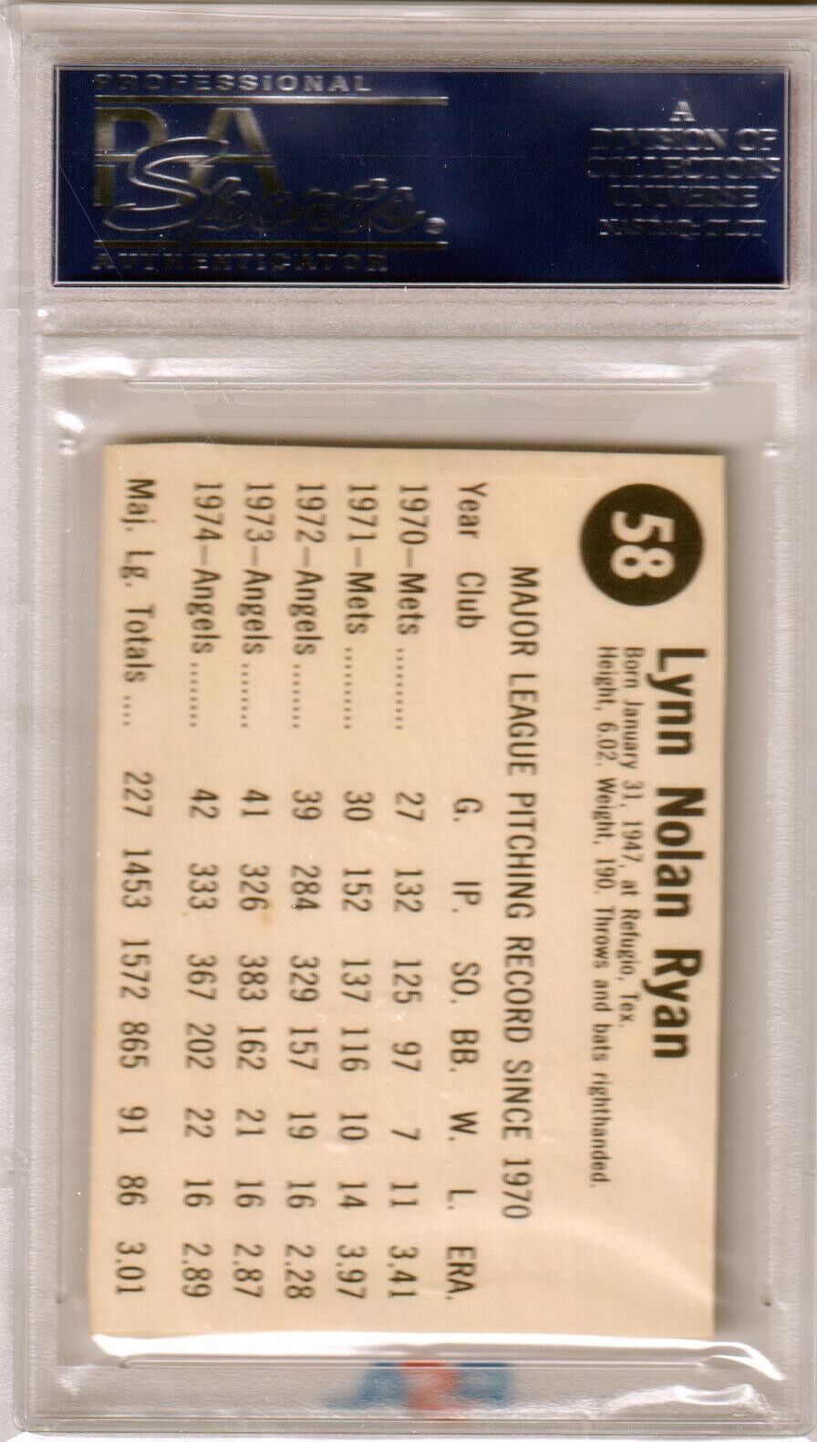 NOLAN RYAN 1975 Hostess #58 PSA Authentic - ANGELS - Columbia Hobby - Sports Card Boxes - Toploaders - Card Savers