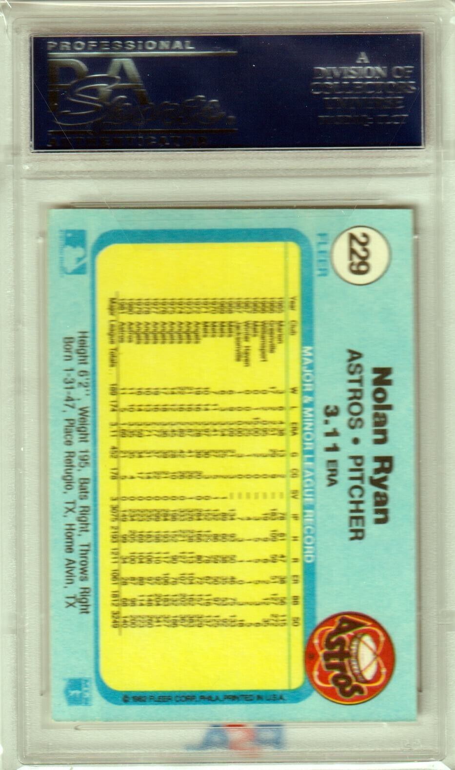 NOLAN RYAN 1982 Fleer #229 PSA NM - MT - ASTROS - Columbia Hobby - Sports Card Boxes - Toploaders - Card Savers