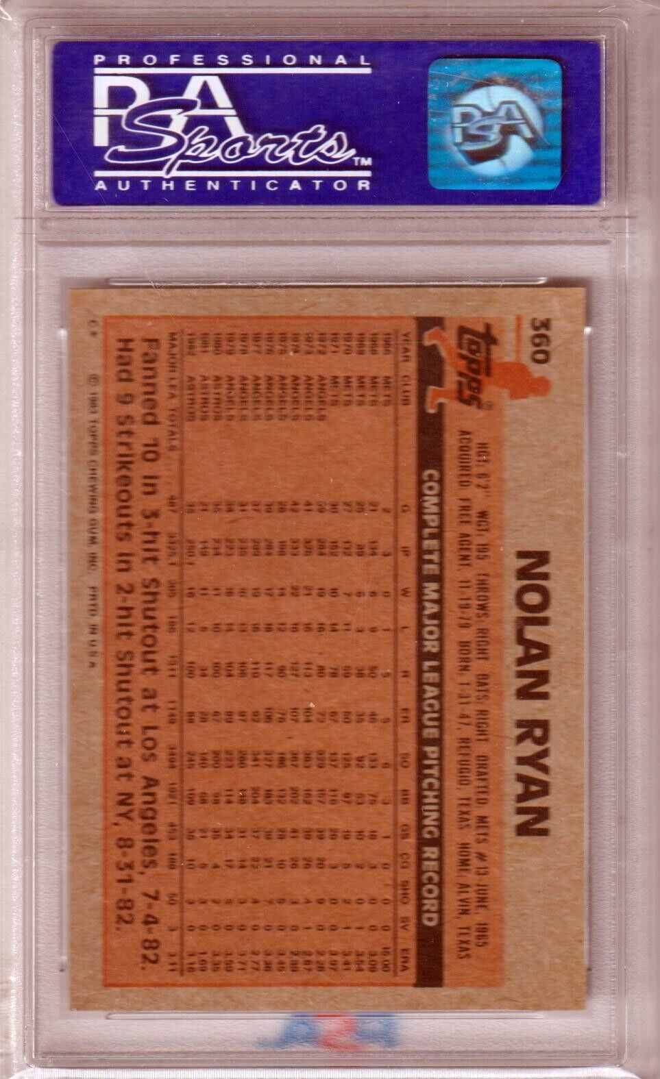 NOLAN RYAN 1983 Topps #360 PSA 8 NM - MT - ASTROS - Columbia Hobby - Sports Card Boxes - Toploaders - Card Savers