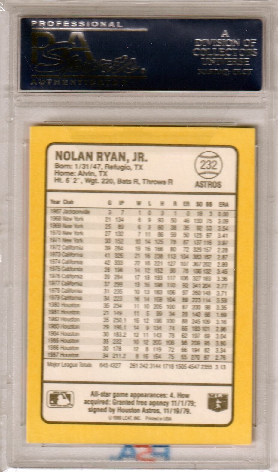 NOLAN RYAN 1988 Donruss Baseball's Best #232 PSA 10 GEM MINT - ASTROS - Columbia Hobby - Sports Card Boxes - Toploaders - Card Savers