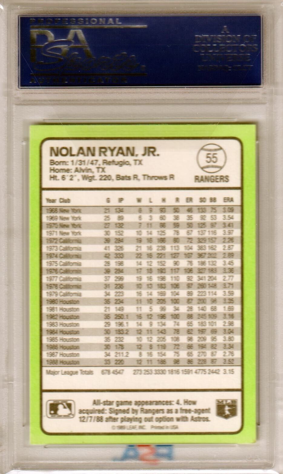 NOLAN RYAN 1989 Donruss Baseball's Best #55 PSA 10 GEM MINT - RANGERS - Columbia Hobby - Sports Card Boxes - Toploaders - Card Savers