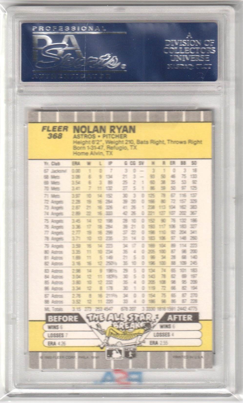 NOLAN RYAN 1989 Fleer #368 PSA 10 GEM MINT - ASTROS - Columbia Hobby - Sports Card Boxes - Toploaders - Card Savers