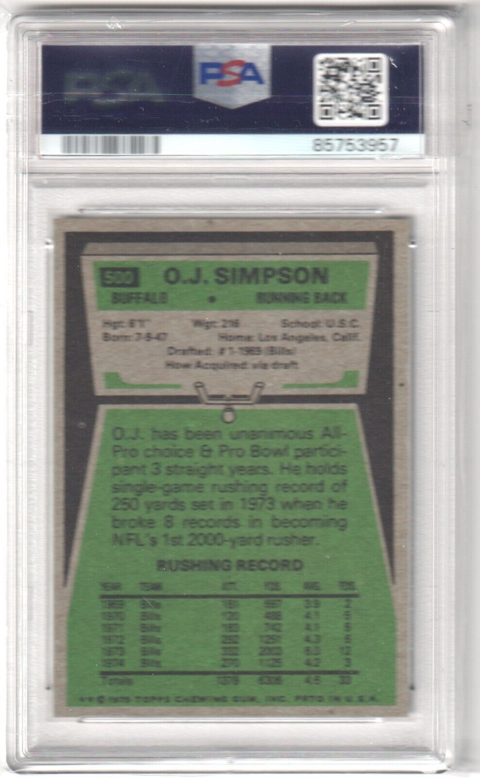 O.J. SIMPSON 1975 Topps #500 Graded PSA 8 NM - BILLS - Columbia Hobby - Sports Card Boxes - Toploaders - Card Savers