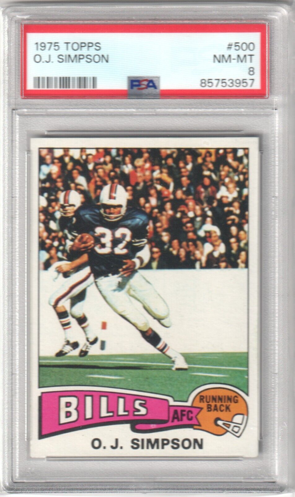 O.J. SIMPSON 1975 Topps #500 Graded PSA 8 NM - BILLS - Columbia Hobby - Sports Card Boxes - Toploaders - Card Savers