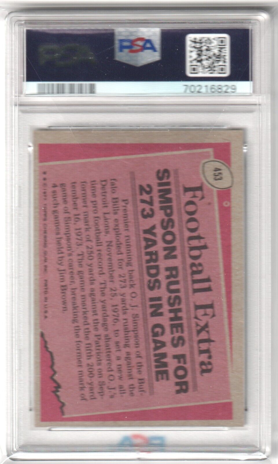O.J. SIMPSON 1977 Topps Record Breaker #453 PSA 9 MINT - BILLS - Columbia Hobby - Sports Card Boxes - Toploaders - Card Savers