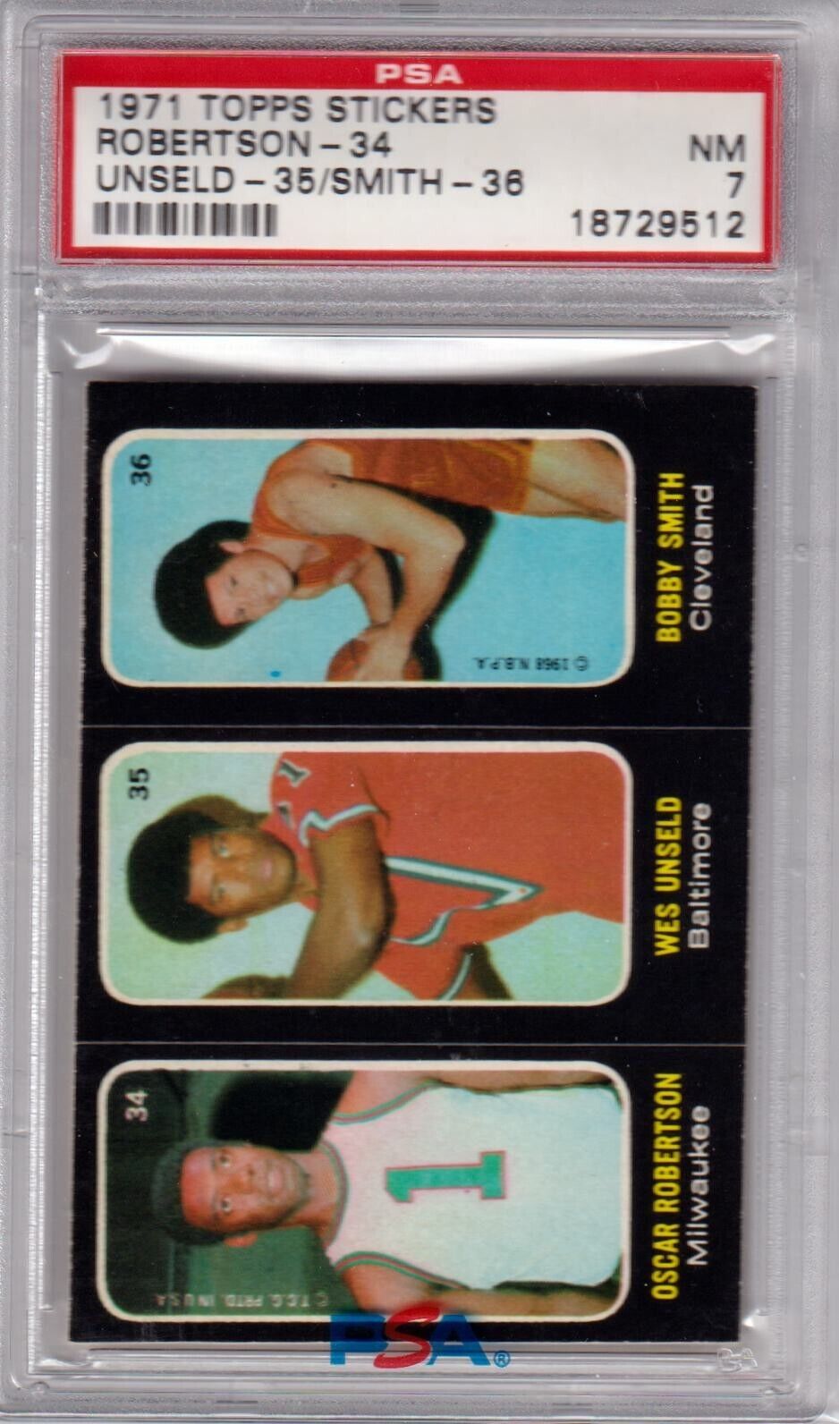 OSCAR ROBERTSON WES UNSELD SMITH 1971 Topps Stickers PSA 7 NM 34 - 35 - 36 - Columbia Hobby - Sports Card Boxes - Toploaders - Card Savers
