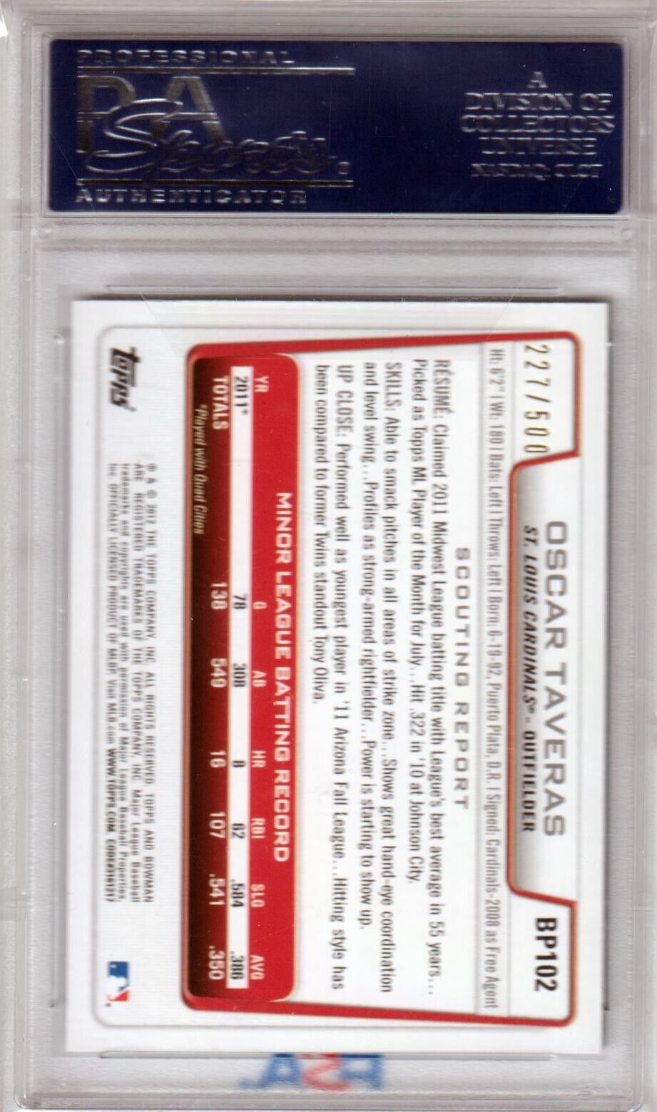OSCAR TAVERAS 2012 Bowman Prospects Autograph Auto PSA/DNA GEM MINT 10 CARDINALS - Columbia Hobby - Sports Card Boxes - Toploaders - Card Savers