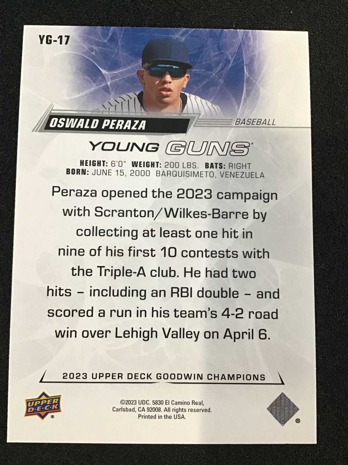 Oswald Peraza 2023 Upper Deck Goodwin Champions Young Guns YG - 17 - Columbia Hobby - Sports Card Boxes - Toploaders - Card Savers
