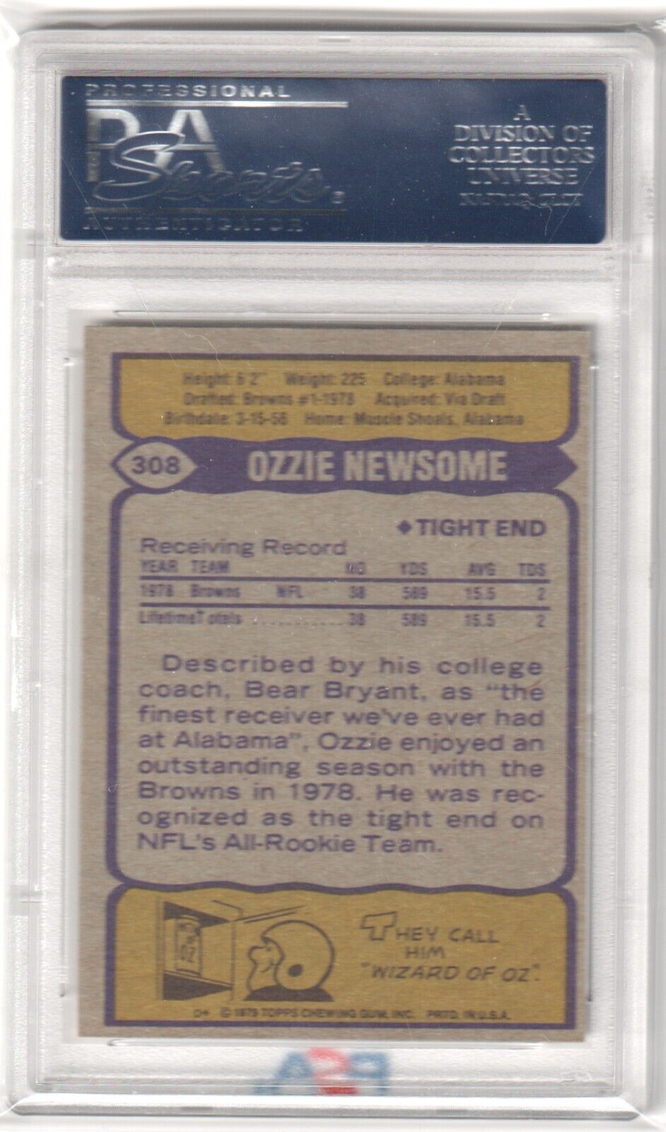 OZZIE NEWSOME 1979 Topps RC Rookie HOF #308 PSA 9 MINT - BROWNS - Columbia Hobby - Sports Card Boxes - Toploaders - Card Savers